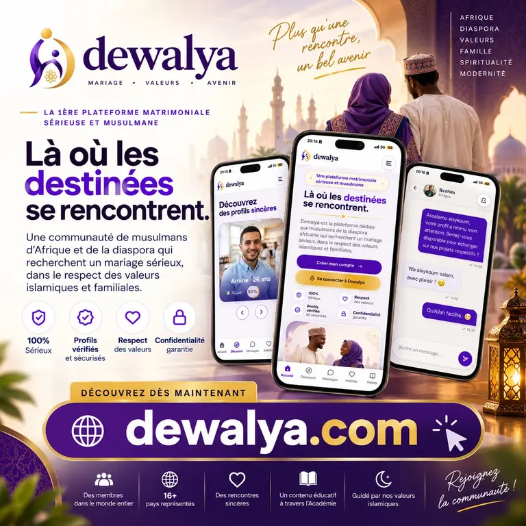 Trois écrans de l'application Dewalya présentés côte à côte : l'accueil, la découverte de profils et la messagerie.