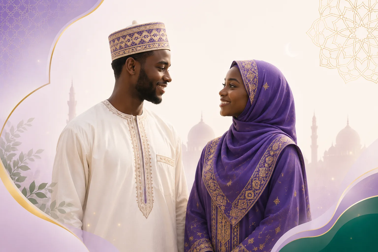 Couple musulman ouest-africain souriant, l’homme en boubou ivoire et la femme en hijab violet brodé d’or — visuel de marque Dewgal « Là où les destinées se rencontrent ».